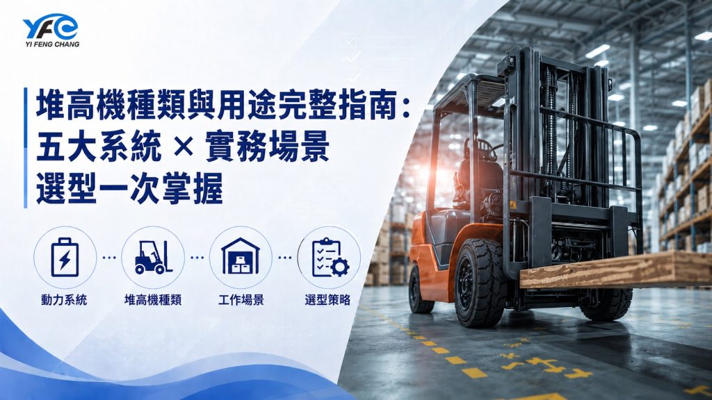 堆高機在倉庫通道中搬運長型貨物的實拍場景，呈現貨叉結構、油壓系統與實際載運動作，用於堆高機種類與用途完整指南的封面，強調倉儲物流搬運與不同堆高機型式的應用差異。