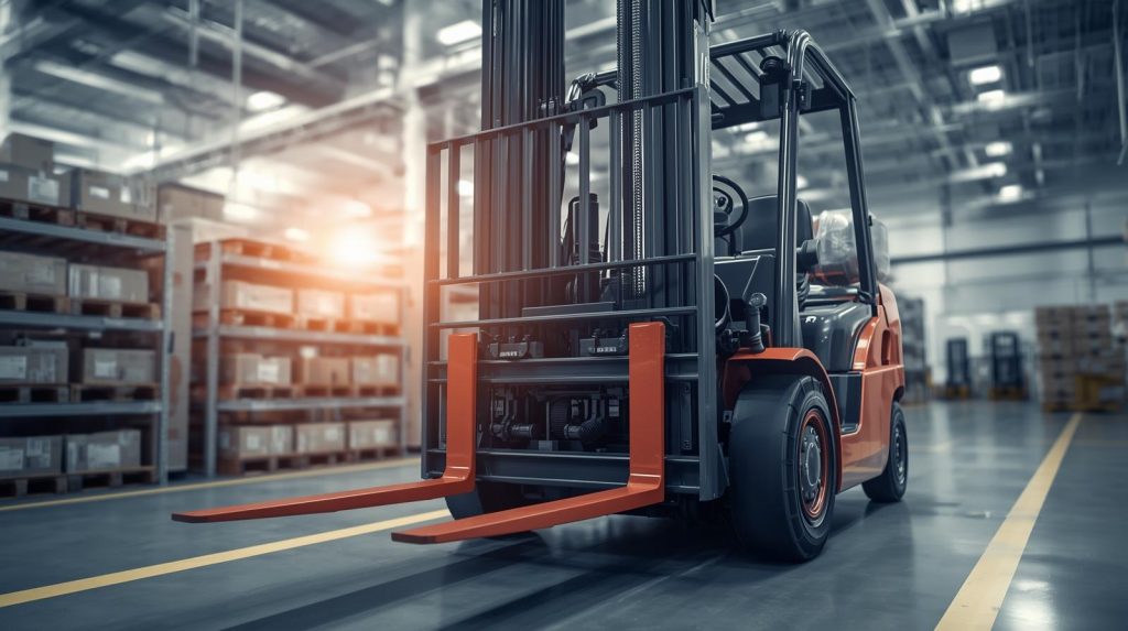 倉儲環境中近距離拍攝的日本式堆高機作業鏟叉特寫，呈現車體前端結構、油壓系統與作業動線，用於堆高機保養檢查、安全操作與中古堆高機選購指南的示意圖片。